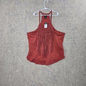 Rue21 Womens Fringe Halter Top Rust Red XL 100% Cotton Crochet Boho Style